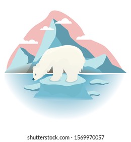 Global warming concept. Polar bear on melting ice. Iceberg melt. Idea of climate change and danger for ecology.Vector illustration in cartoon style