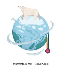 Global warming concept. Polar bear on melting ice. Iceberg melt. Idea of climate change and danger for ecology.Vector illustration in cartoon style
