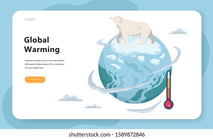 Global warming concept. Polar bear on melting ice. Iceberg melt. Idea of climate change and danger for ecology.Vector illustration in cartoon style, web banner idea