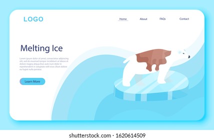 Global warming concept. Polar bear on melting ice. Iceberg melt. Idea of climate change and danger for ecology. Web banner. Vector illustration in cartoon style