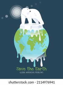 Global warming concept. Polar bear on iceberg on Earth globe. Vector illustration in flat style svg