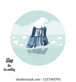 Global warming concept poster with polar bear sitting on melting iceberg