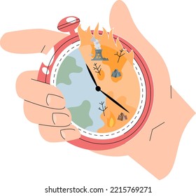 Concepto de calentamiento global. Resto de la vida en el planeta. Cambio ambiental, catástrofe ecológica. Fuego como resultado del cambio climático y fábricas de tabaco. Stopwatch con el planeta en llamas