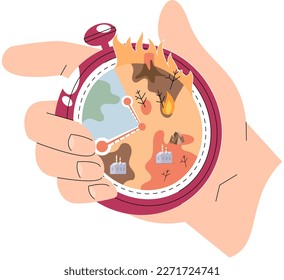 Global warming concept. Remainder of life on planet. Environment changing, ecological catastrophy. Fire as result of climate change and smoking factories. Stopwatch with burning planet in hand