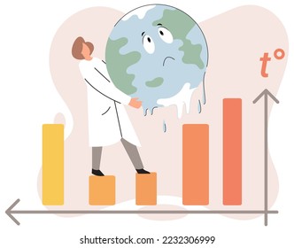 Global warming concept. Scientist studies problem of rising temperatures on planet Earth. Woman makes analysis of ecology and environment. Scientific research on climate change, environmental tests