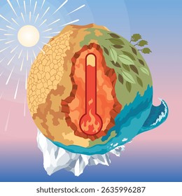 Global warming concept with thermometer. Climate change and environmental urgency theme. Perfect for awareness campaigns. Cartoon vector illustration