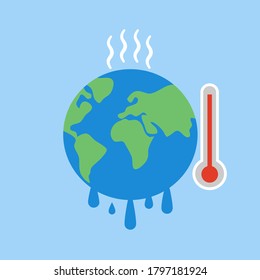 Global warming concept vector illustration on blue background. Melting earth planet with thermometer. Save the world environment.