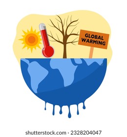 Ilustración vectorial del concepto de calentamiento global. El cambio climático. Fusión del planeta con ola de calor.