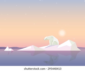 global warming concept vector illustration in polygonal geometric style with polar bear standing on the melting iceberg formation on sunset