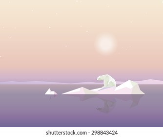 Global warming concept vector illustration with polar bear sitting on the melting iceberg in the middle of the ocean