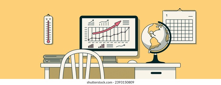 Global warming concept. Global Weather Trends. A work desk with a globe, thermometers, graphs on a computer, and a wall calendar. Vector illustration in flat style. Horizontal minimalistic banner. 