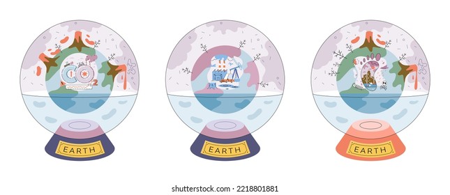 Global warming concept, world ocean level rise due to melting glaciers. Floating globe in glass sphere. Save our planet. Environment pollution, global warming heating impact. Change climate.