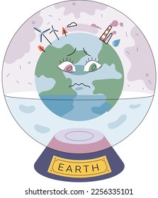 Global warming concept, world ocean level rise due to melting glaciers, planet drowning in excess water. Floating globe in glass sphere. Environmental problem. Change climate, ecological catastrophy