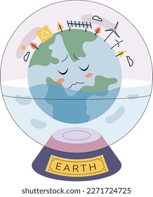 Global warming concept, world ocean level rise due to melting glaciers, planet drowning in excess water. Floating globe in glass sphere. Environmental problem. Change climate, ecological catastrophy