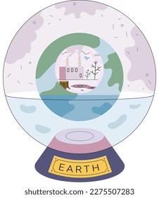 Global warming concept, world ocean level rise due to melting glaciers, planet drowning in excess water. Floating globe in glass sphere. Environmental problem. Change climate, ecological catastrophy