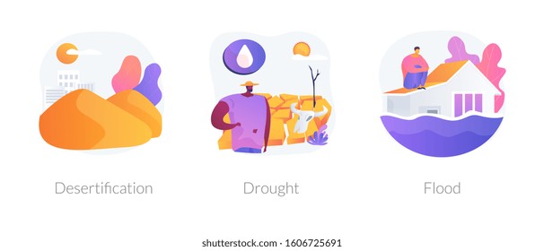 Global warming consequence, climate change outcome. Wildlife extinction, sea level and landscape changing. Desertification, drought, flood metaphors. Vector isolated concept metaphor illustrations.