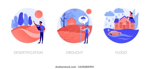 Global warming consequence, climate change outcome. Wildlife extinction, sea level and landscape changing. Desertification, drought, flood metaphors. Vector isolated concept metaphor illustrations.