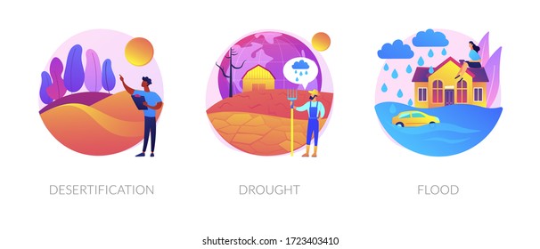 Global Warming Consequence, Climate Change Outcome. Wildlife Extinction, Sea Level And Landscape Changing. Desertification, Drought, Flood Metaphors. Vector Isolated Concept Metaphor Illustrations.