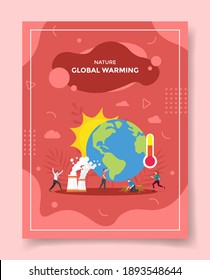 Globale Erwärmung Konzept Menschen Panik rund um die Erde Sonne Thermometer Rauch für Vorlage von Bannern, Flyer, Bücherbezug, Magazin mit flüssiger Form flach Stil