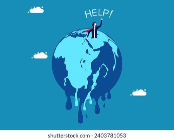 Global warming crisis. Businessman on melting planet asking for help. vector 