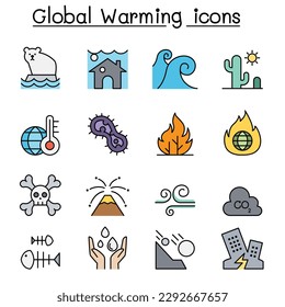 Global warming, Disaster, catastrophe color line icon set