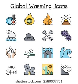 Global warming, Disaster, catastrophe icon set in color line style