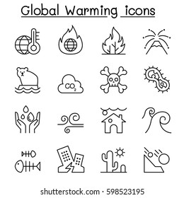 Global warming, Disaster, catastrophe icon set in thin line style