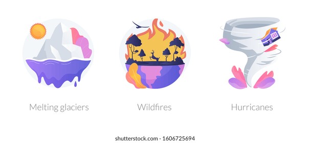 Global warming disasters, cataclysms, climate change consequences. Nature damage, destructions. Glaciers, wildfires, hurricanes metaphors. Vector isolated concept metaphor illustrations.