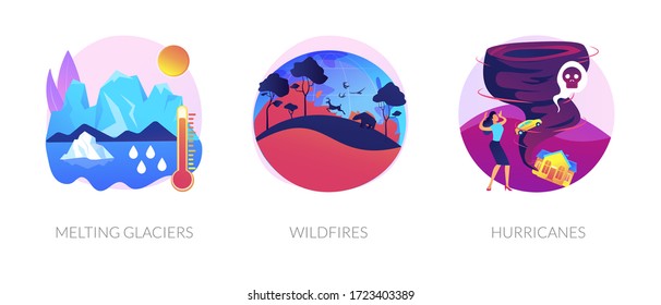 Global warming disasters, cataclysms, climate change consequences. Nature damage, destructions. Glaciers, wildfires, hurricanes metaphors. Vector isolated concept metaphor illustrations.