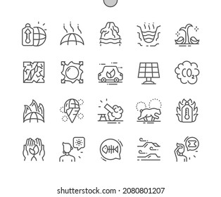 Global warming. Dry plant. Planet temperature. Solar panels and electric car. Ecology problem. Pixel Perfect Vector Thin Line Icons. Simple Minimal Pictogram