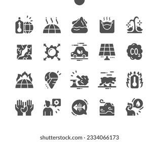 Global warming. Dry plant. Planet temperature. Solar panels and electric car. Ecology problem. Vector Solid Icons. Simple Pictogram