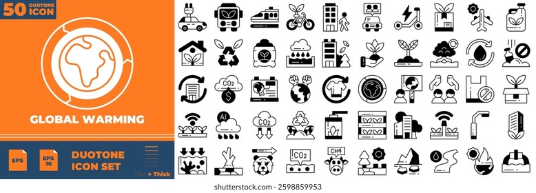 Global Warming Duotone Editable Icons set. Vector illustration in modern thin duotone style of global warming icons: global warming, greenhouse, melting ice, etc