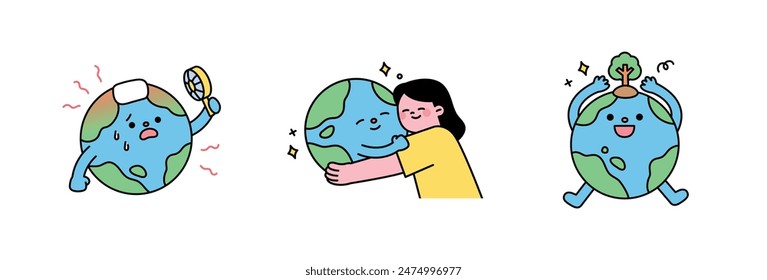 Global warming. The Earth character is hot, hugging a person, and growing a tree.  outline simple vector illustration.