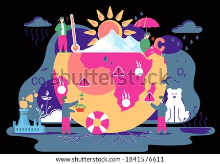 Global warming. Earth polluted by human activity. High temperature of the planet. People are trying to save world. The guy is holding a thermometer. Men green the planet. Polar bear is sitting
