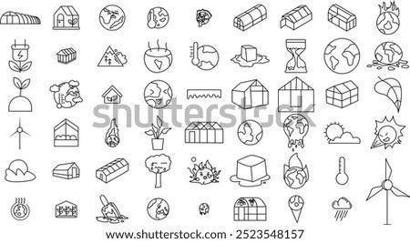 Global Warming, ECOLOGY and Climate Change icon set for logo and T-Shirt. Thin line art editable stroke.