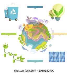 Global warming, ecology pollution, alternative energy and greening planet. Problems and their solutions vector illustration.