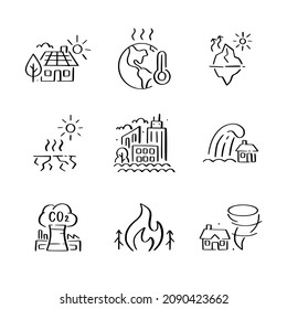 Global warming effects and prevention. CO2 emission, forest fires, hurricanes and drought. Doodle style icons