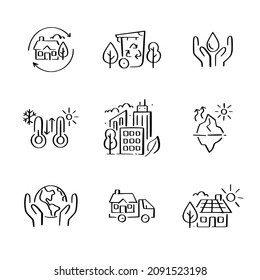 Global warming effects and prevention. Water conservation, clean energy and recycling. Doodle style icons