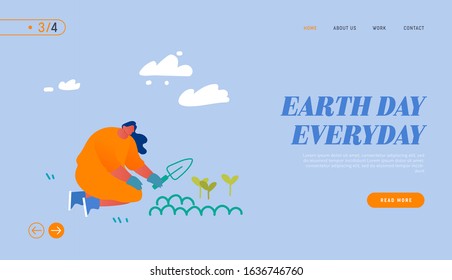 Global Warming, Environment Care and Day of Earth Website Landing Page. Volunteer Woman Planting Tree or Flower to Ground in Garden Eco Protection Web Page Banner. Cartoon Flat Vector Illustration