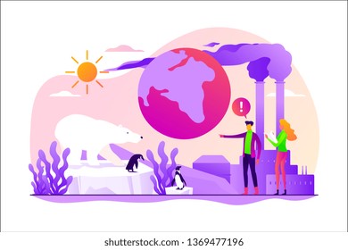 Global warming, environment pollution, global heating impact concept. Vector isolated concept illustration with tiny people and floral elements. Hero image for website.