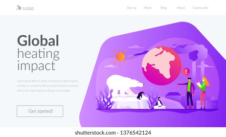 Calentamiento global, contaminación ambiental, concepto de impacto de calefacción global. Plantilla de interfaz de usuario de la página principal del sitio web. Aterrizando página web con imagen de encabezado de héroe de concepto de infografía.