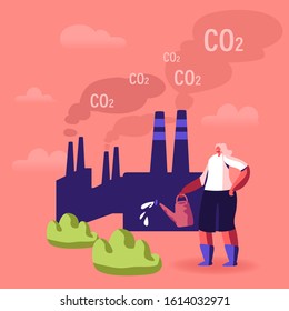 Global Warming, Environment Pollution, Global Heating Impact Concept. Woman Care of Green Plants Watering from Can against Factory Pipes Emitting CO2 Gas and Smoke. Cartoon Flat Vector Illustration