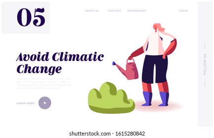 Global Warming, Environment Pollution, Global Heating Impact Website Landing Page. Woman Watering and Care of Green Plants to Avoid Climatic Changes Web Page Banner. Cartoon Flat Vector Illustration