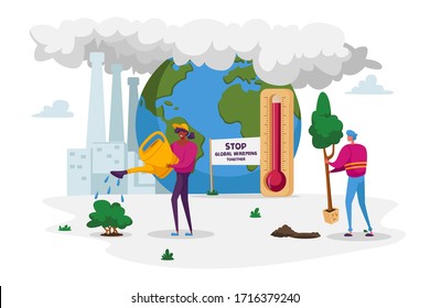 Global Warming, Environment Pollution, Global Heating Impact. Characters Care of Green Plants Watering and Planting against Factory Pipes Emitting CO2 Gas and Smoke. Cartoon People Vector Illustration