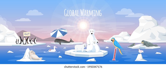 Calentamiento global, contaminación ambiental, impacto del calentamiento global. Cambio climático. Paisaje de hielo del calentamiento global