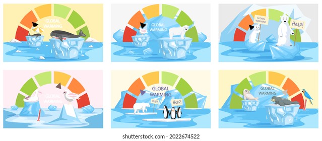Calentamiento global, contaminación ambiental, impacto del calentamiento global. Cambio climático. Pingüinos y oso polar flotando en el iceberg. Día Mundial del Medio Ambiente, ecología solar. Paisaje de hielo del calentamiento global