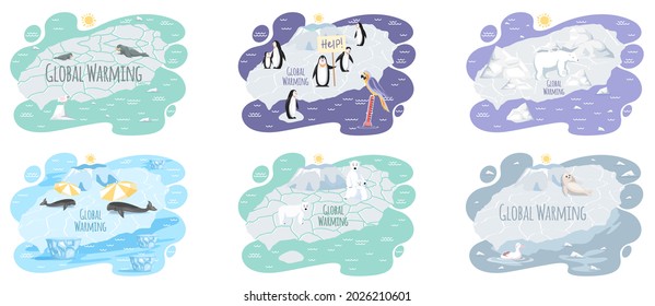 Global warming, environment pollution, global warming heating impact. Change climate. Penguins and polar bear floating on iceberg. World Environment Day, sun ecology. Global warming ice landscape