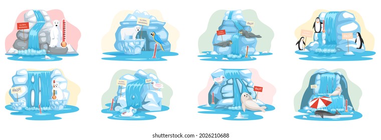 Global warming, environment pollution, global warming heating impact. Change climate. Penguins and polar bear floating on iceberg. World Environment Day, sun ecology. Global warming ice landscape