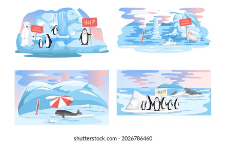 Global warming, environment pollution, global warming heating impact. Change climate. Penguins and polar bear floating on iceberg. World Environment Day, sun ecology. Global warming ice landscape