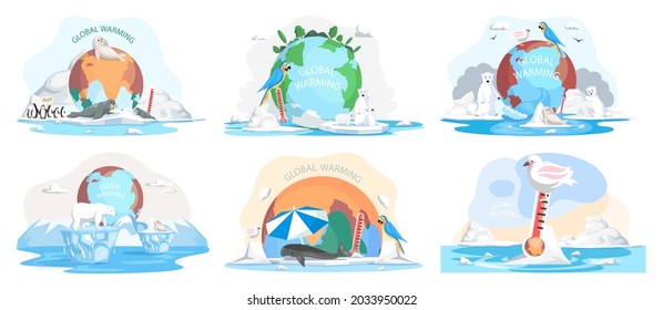 Calentamiento global, contaminación ambiental, impacto del calentamiento global. Cambio climático. Pingüinos y oso polar flotando en el iceberg. Día Mundial del Medio Ambiente, ecología solar. Paisaje de hielo del calentamiento global